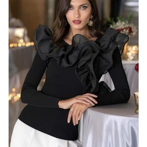 Boston Proper Elegant Black Ruffle Blouse